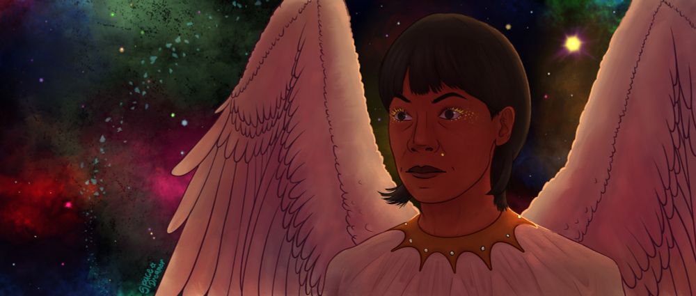 A digital drawing of the 566th frame from the clip. The frame shows Sister Mary Loquacious paralyzed by Crowley's miracle, and is drawn to resemble an angel standing in the middle of the recently created galaxy, like shown on the first episode of the second season of Good Omens.