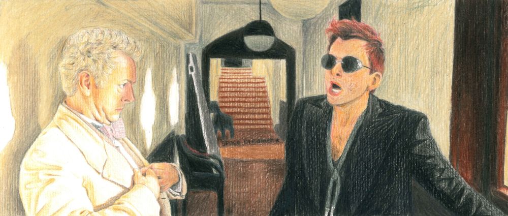 A colored pencil drawing of the 756th frame from the clip, where Aziraphale can be seen on the left side of the screen, adjusting his shirt, and Crowley by the right, arguing with him with a slightly mad expression on his face.