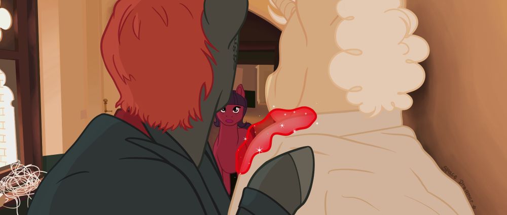 A digital drawing of the 396th frame from the clip. The characters are drawn to look like ponies from the TV show My Little Pony: Friendship is Magic. The frame shows Crowley holding Aziraphale close by his coat as he was confronting him, and both look away from the screen down the corridor in the distance, where Sister Mary Loquacious stands.