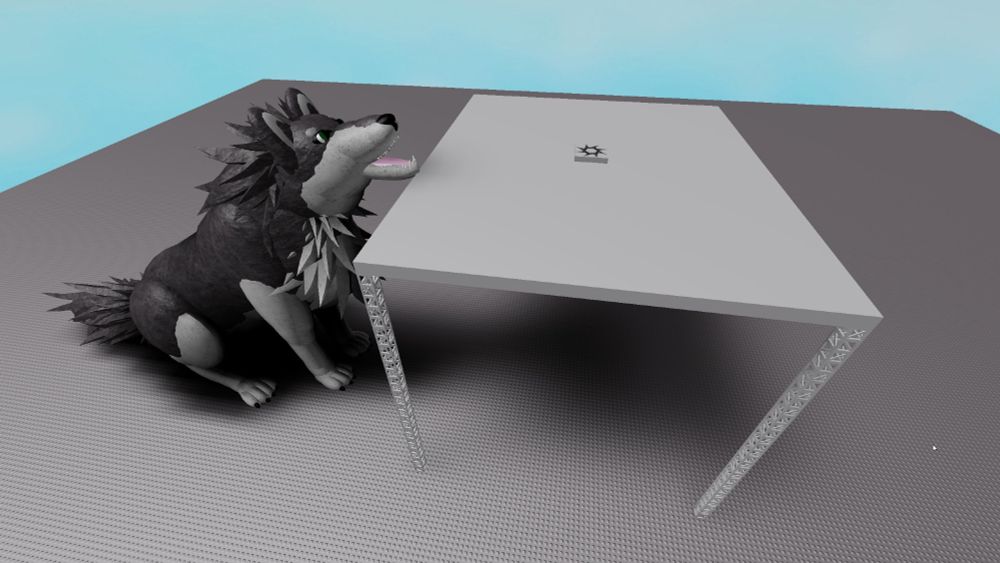 A robox screenshot of a giant wolf with his open maw up to a giant table with a player spawnpoint sitting on top of it. Ready for a player to spawn and jump in.
