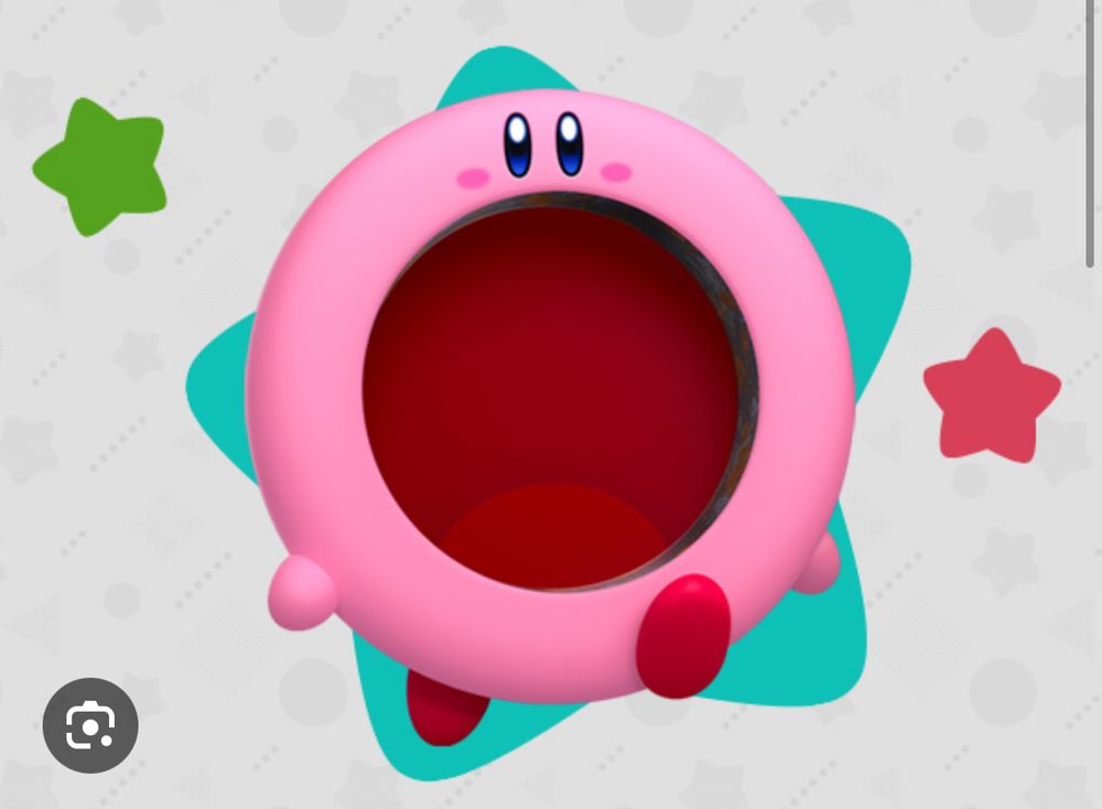Kirby the animated character in “mouthful mode” in front of stars.