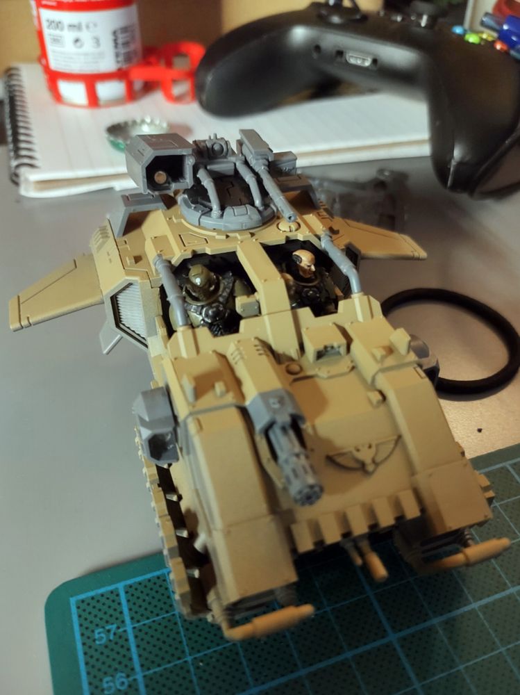 An unpainted Storm Speeder from Warhammer 40k, showing some of the modifications I have made to it.