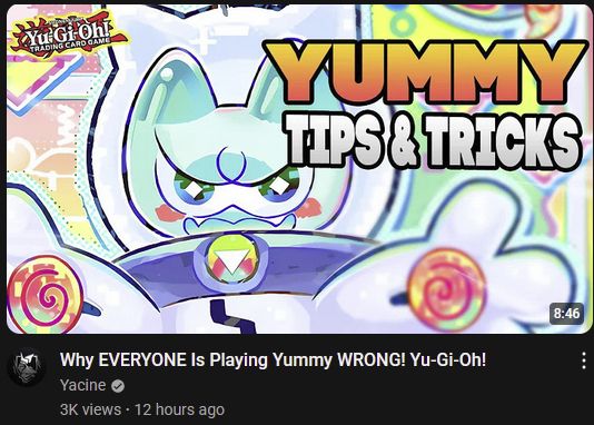 A youtube thumbnail depicting yummy snatch from yu-gi-oh! with the text "yummy tips & tricks" over it.