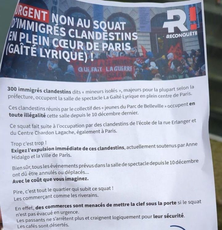 Tract raciste de Reconquête qui demande l’expulsion des jeunes occupant la Gaîté Lyrique