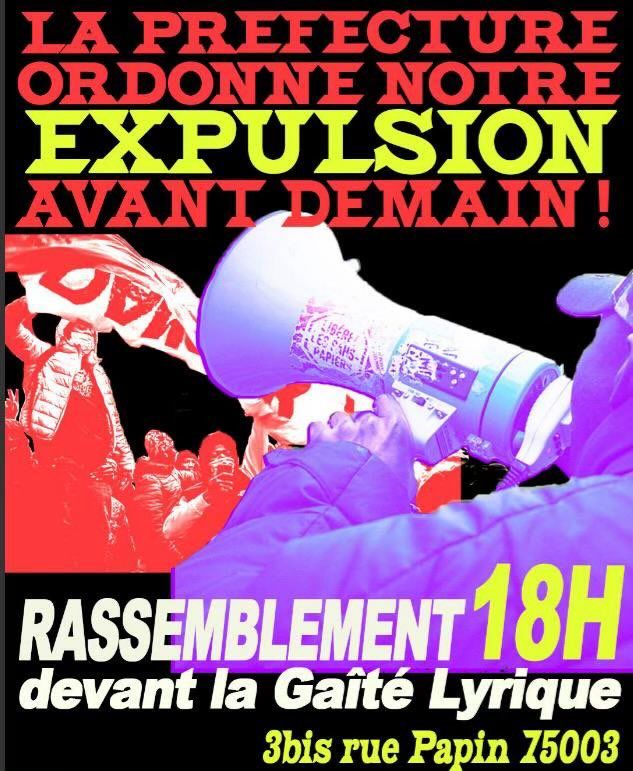 EXPULSION DE LA GAÎTÉ LYRIQUE OCCUPÉE CETTE NUIT OU DEMAIN MATIN SUR DECISION DE LA PREFECTURE  

RASSEMBLEMENT DEVANT LA GAÎTÉ LYRIQUE À 18H 

VENEZ ET FAITES TOURNER