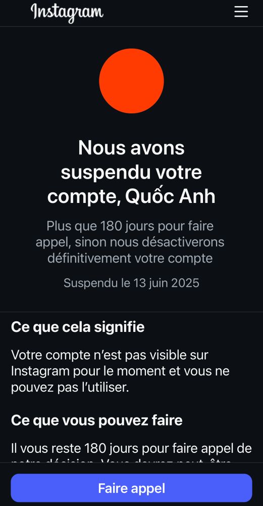 Suspension de mon compte Insta