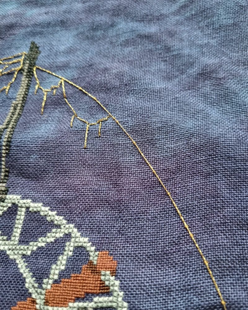 Close up of metallic thread border using the couching technique