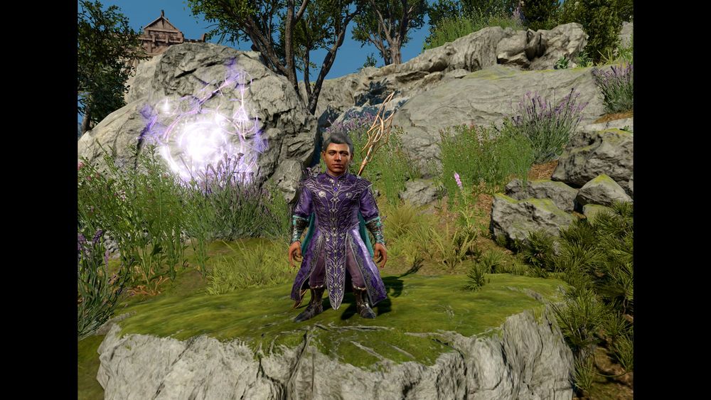 Hamid Saleh Haroun al-Tahan (as depicted in Baldur's Gate 3) standing on a hillside in a neutral pose looking towards the camera. He is wearing fancy purple robes and pale green bracers, both with lots of decoration. A golden staff with a filigree head is visible over his left shoulder.