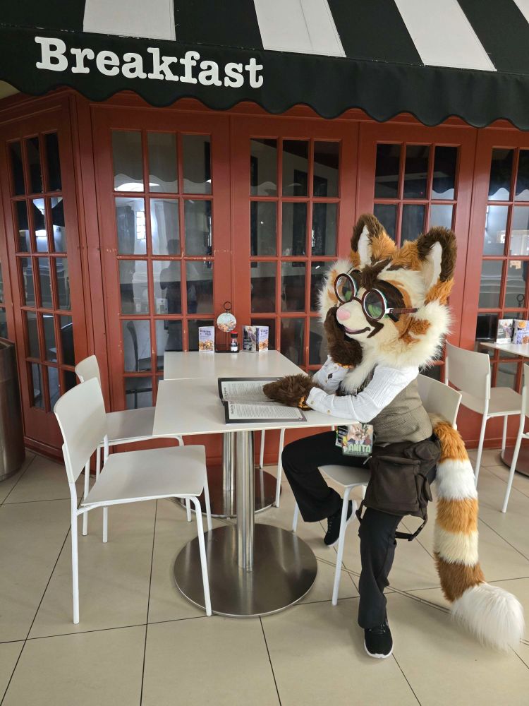 A white, tan, and brown cat partial fursuiter wearing round glasses. They are sitting at a table reading a menu in front of a cafe.