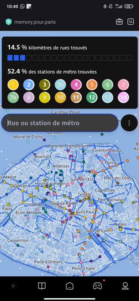 Carte de Paris via le site memory.pour.paris où on voit que j'ai pu nommer 52.4% des stations de métro.