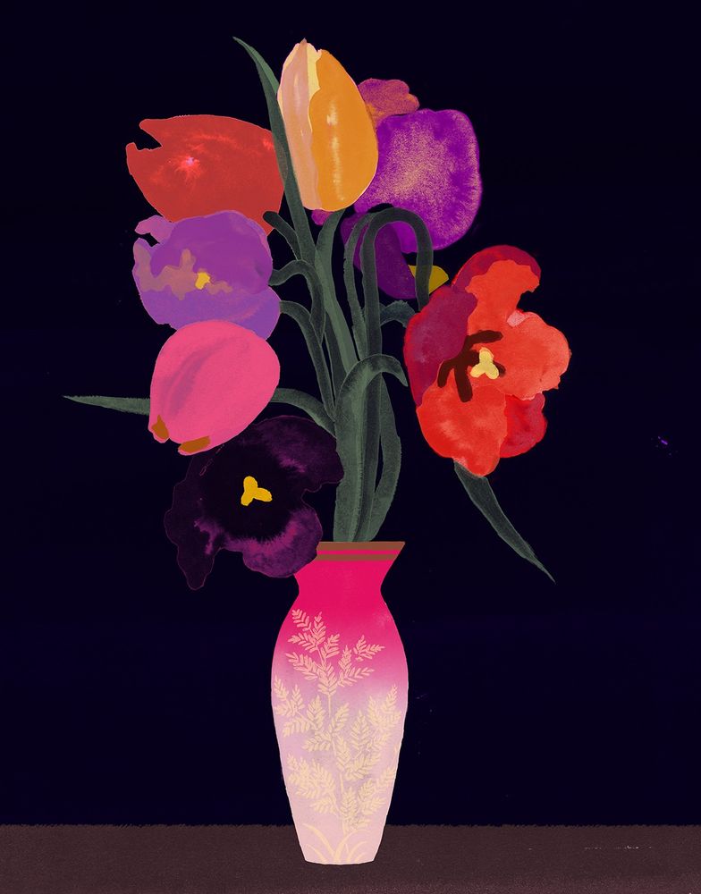 A digitally colored ink drawing of a vase of tulips.