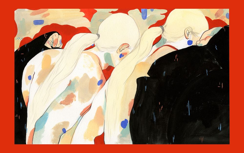 A gouache painting of two long haired men donning a black jacket against a red background.