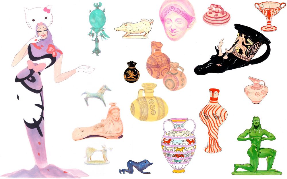 A double page spread of hand painted illustrations. To the left is a watercolor painting of drag artist Pearl featuring her Hello Kitty Extravaganza look. To the right are various ancient greek and etruscan artefacts from the Walters Art Museum.