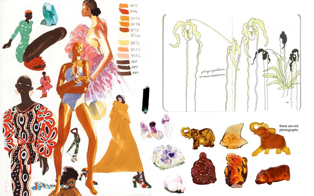 A double page spread of sketch book drawings; on the left are various fashion illustrations in marker; on the top right is a spread of orchid drawings, on the lower right are digital paintings of amber objects.