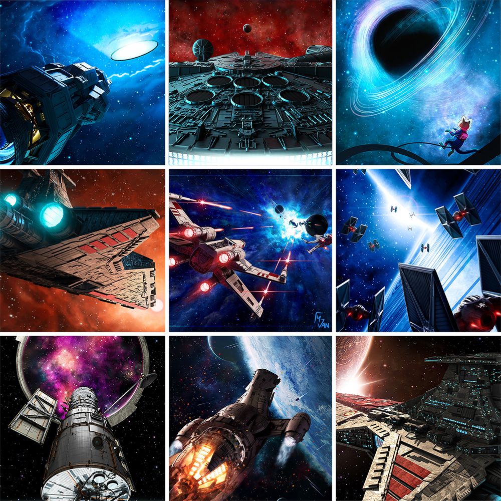 A 3x3 grid featuring 9 illustrations, each depicting a brightly colored space scene filled with stars and nebulae, some with planets and moons, one with a black hole being studied and one with a mysterious ring of light. Most are centered on one or more spaceships or satellite, with one featuring a cat scientist in a spacesuit during an EVA mission