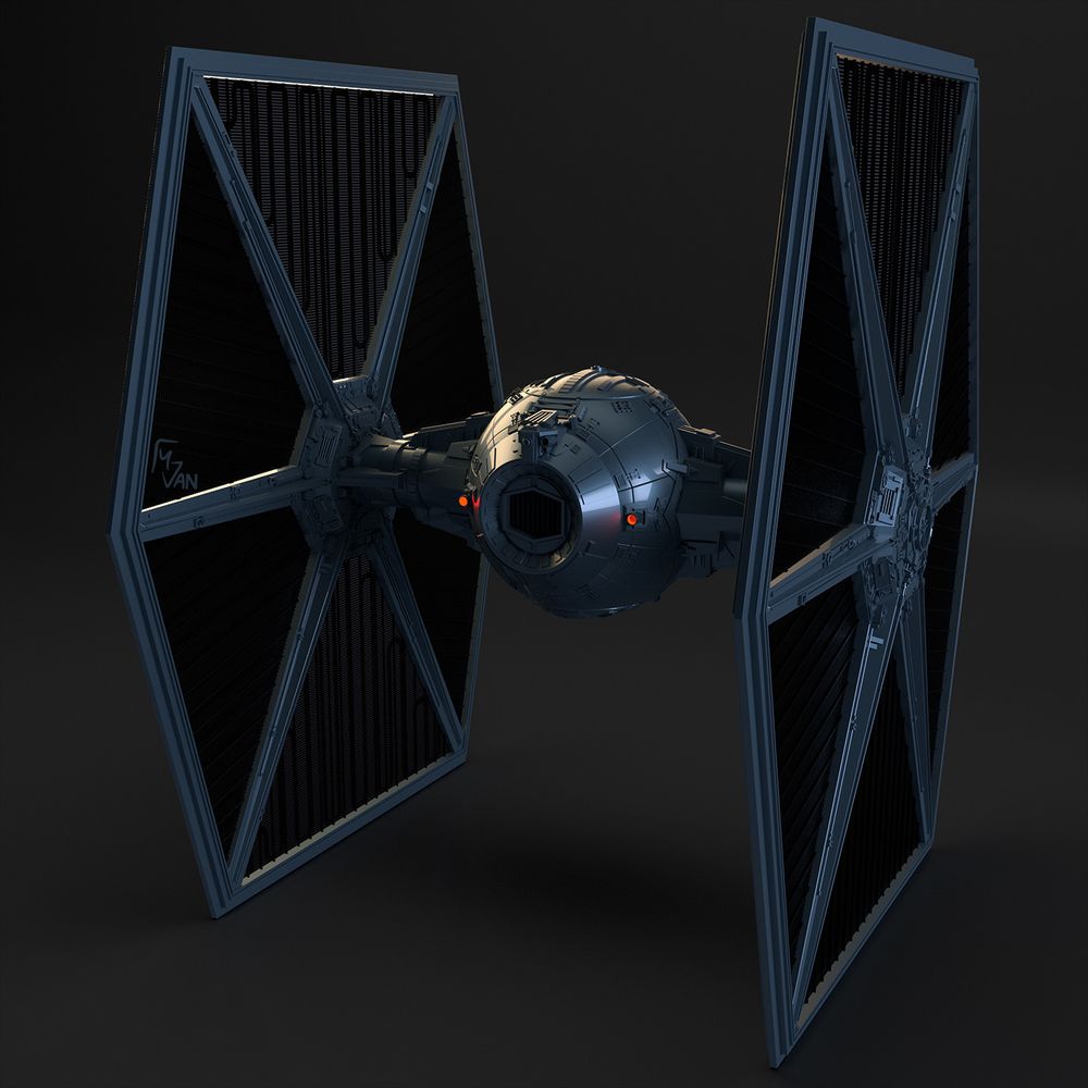 A 3D rendered back view image of a TIE fighter showing its solar ionization reactor and twin ion engines. Also visible are the iconic hexagonal solar collector wings housing solar energy accumulator lines that are just about visible.