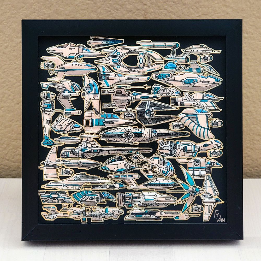 A square, black picture frame displaying a print featuring a formation of iconic spaceships with matching blue accents assembled and flying forward together against a black field, each ship outlined in shiny gold foil. The spaceships hail from various scifi franchises including Star Wars, Star Trek, Stargate, The Expanse, Firefly, Starship Troopers, StarCraft, Battlestar Galactica, Futurama, Marvel, Lost in Space, Dark Matter, Independence Day, and Power Rangers