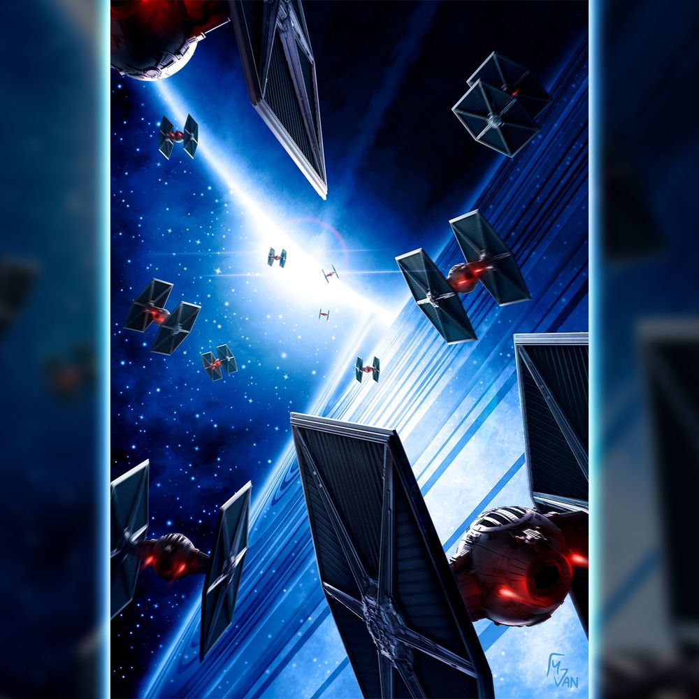 Digital illustration of a squadron of TIE starfighters speeding towards a ringed gas giant that dominates most of the star-filled space. The sun is just beginning to peek around the horizon of the planet, spilling light on the planet's rings and TIE fighters.