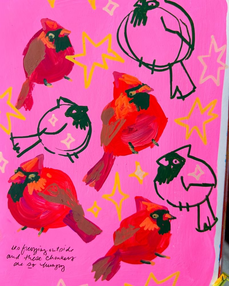 A photo of my sketchbook page. Hot pink painted background and chubby red cardinals painted in gouache.