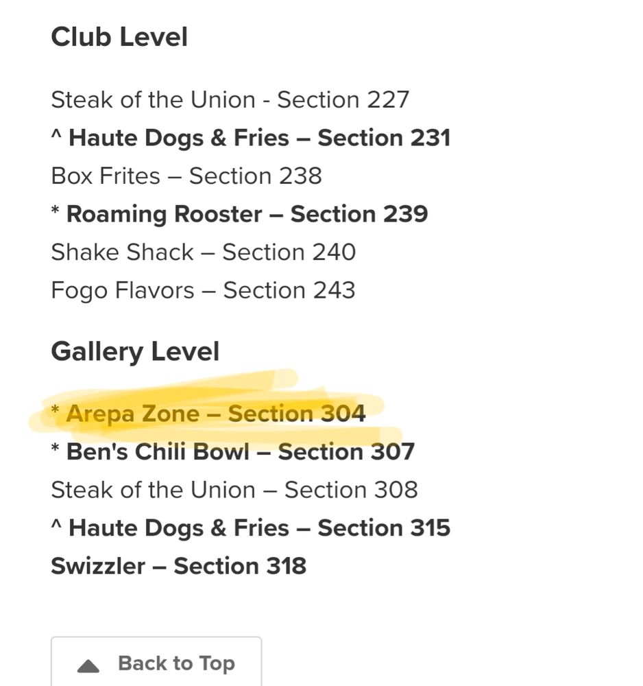A partial listing of food options at Nats Park, highlighting Area Zone by section 304.