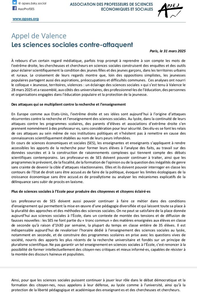 Communiqué de l'APSES (@apses.bsky.social) : "Les sciences sociales contre-attaquent"

(suite au colloque "Jeunesse, territoires, violences : un éclairage des sciences sociales" ayant eu lieu à Valence le 28 mars) 