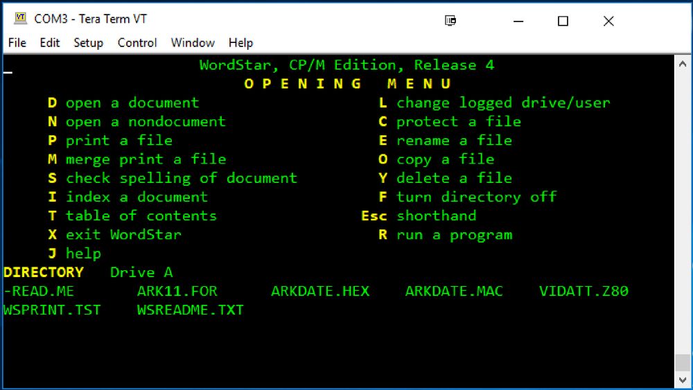 Screenshot of the WordStar for CP/M opening menu on my Z80 board.