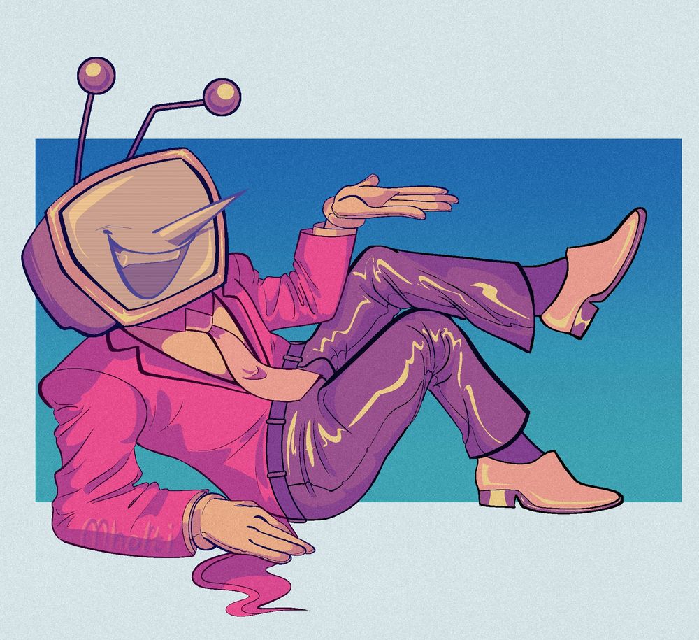 a digital drawing of tenna reclining back resting on his arm, he is doing that "alone on a friday night?" pose