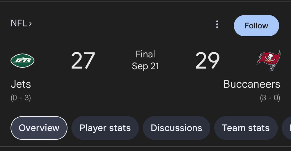 Final score of the Jets vs. Buccaneers game on September 21, 2025. The Buccaneers won 29-27. Bane was regrettably not in attendance that day.