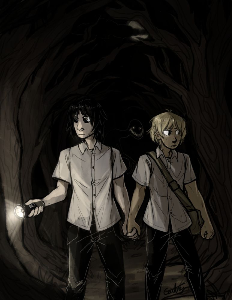 Art of Natsume and Tanuma from Natsume Yuujinchou walking through a dark forest, holding hands. Natsume looks determined and has his hand in a fist, while Tanuma holds a torch and looks curious. Behind them the face of a youkai with many teeth can be seen in the darkness.