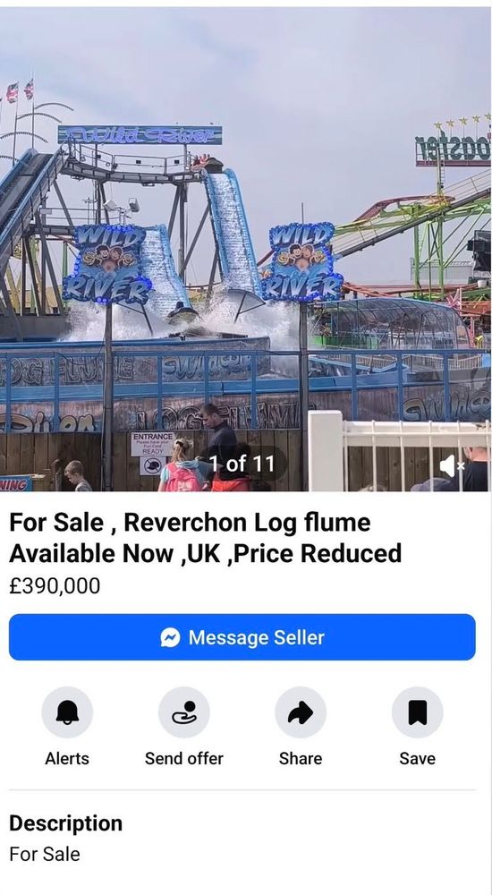 Facebook marketplace ad for a log flume priced at £390k