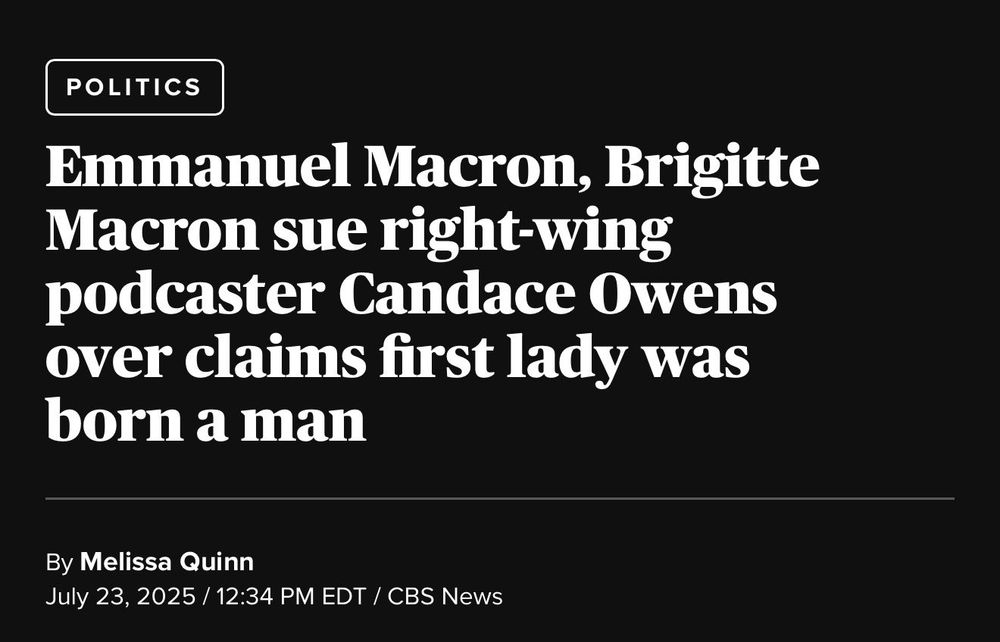 News headline stating Mrs. Macron is suing Klandace Owens over claims she was born a man.