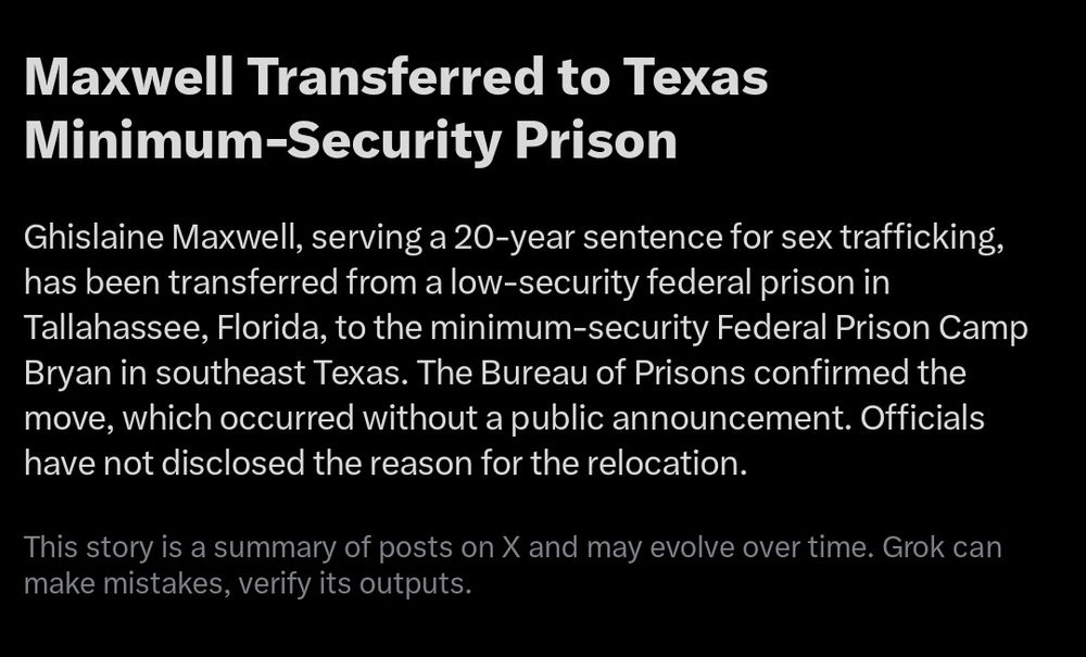 Post stating that Ghislane Maxwell has been moved to a minimum security prison.
