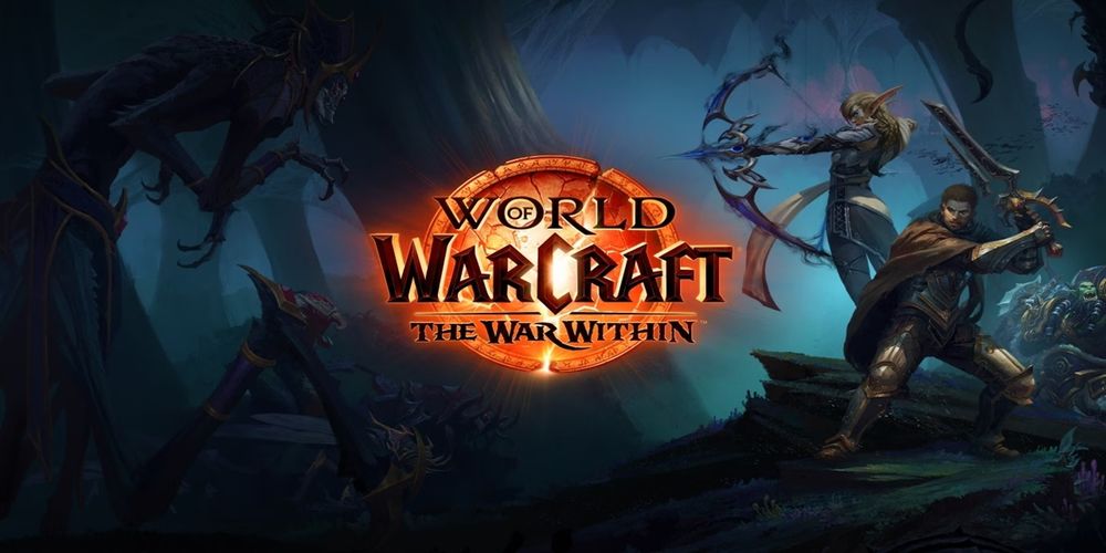 The World of Warcraft: The War Within logo and splash image featuring a sword-wielding Anduin fighting some shadowy spider creatures alongside a bow-bearing Alleria in a dark, cavernous locale