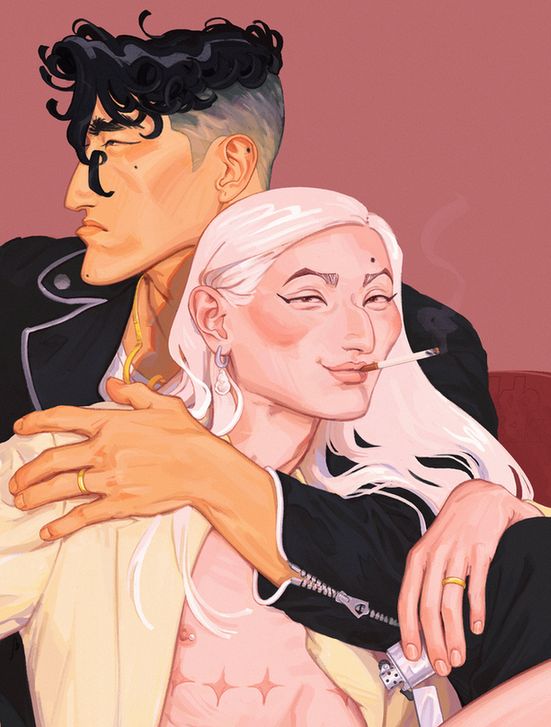 Digital painting of Tian and Zhu, artist’s OCs. It looks like it could be a magazine cover. Zhu is in the front, reclining between Tian’s knees with his back against Tian’s chest, and Tian’s arm is around him; left wrist draped over his husband’s knee, he is holding a silver Zippo lighter. A lit cigarette hangs out of his mouth. Surgical scars march across his chest. They wear complementary colors: Tian, black curls, black jeans, black leather jacket; Zhu, platinum blond, wearing nothing but a butter yellow blazer and a smug smile, looking directly at the camera. Each wears a gold wedding band on their left hand.