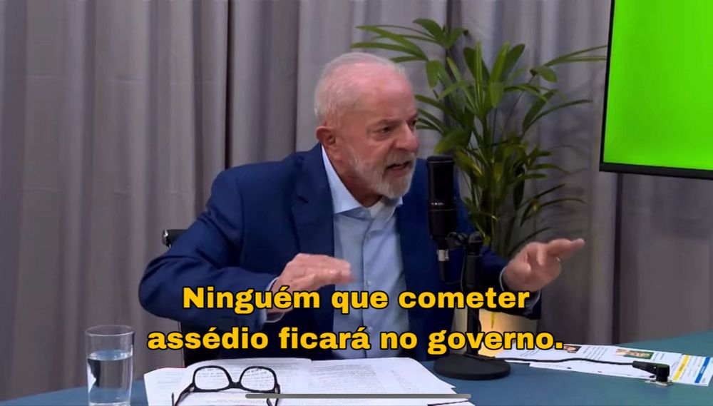 Imagem do presidente Lula na entrevista dizendo: Ninguém que cometer assédio ficará no governo.
