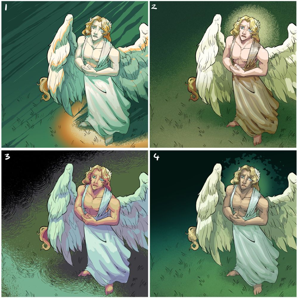 cuatro bocetos de color de la misma escena, todas en gamas verdosas pero algunas con más púrpuras y naranjas y otras con más marrones y grises