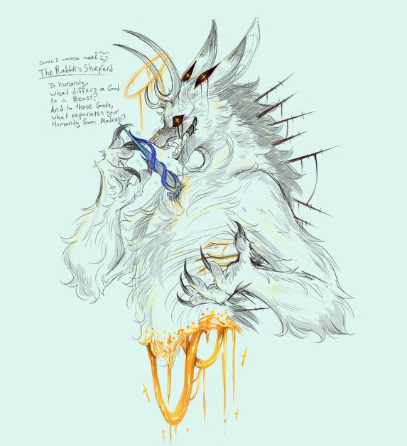 Drawing of Damien in beast form looking crazy, having been stabbed through and cut in half (literally).

“To Humanity, 
What differs a God 
To a Beast?
And to those Gods, 
What separates your
Humanity from madness?”