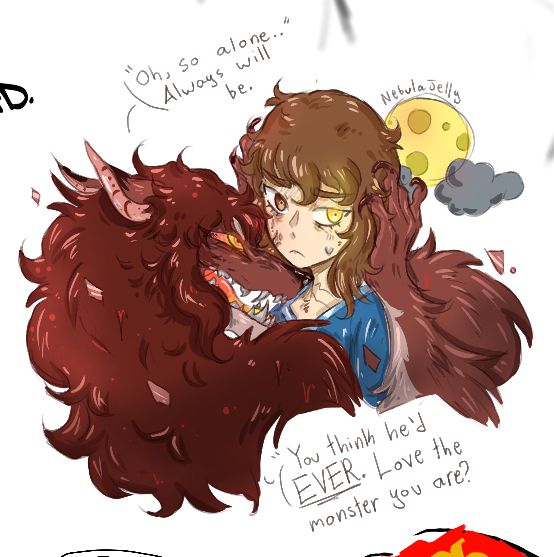 Drawing of Jackie being harassed by the Wolf in his head. It’s taunting him in regard to his feelings on Norman.

“Oh, so alone..Always will be.”

“You think he’d EVER. Love the monster you are?”