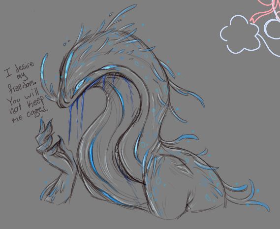 Drawing of the parasitic alien character not hiding behind her form any longer.

“I desire my freedom. You will not keep me caged.”