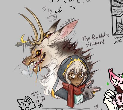 New oc who isn’t named yet but is going under the story name “The Rabbit’s Shepard”. Bust drawing of them against what they can turn into if eating one of the rabbits they herd…