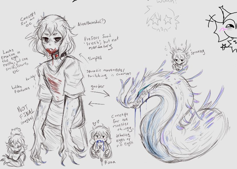 Concept for a new OC, working on a new duo who has a more sci-fi horror esc thing going on(maybe). She’s either an alien or parasitic being who’s mutated into her current form now. She’s under surveillance though for the safety of the public…