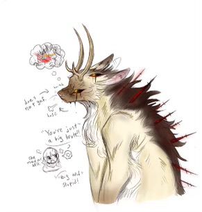 Damien in the big rabbit form looking not entertained at all, and thinking..violent thoughts. They’re being scolded.

“You’re just a big brute!! Big and stupid!”
