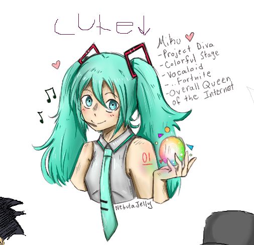 Sketch of Hatsune miku with a colorful orb in hand.

-Project Diva
-Colorful Stage
-Vocaloid
-..Fortnite
-Overall Queen of the Internet
