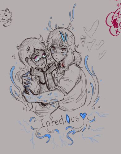 The scientist and parasite together, underneath is the logo of the story, “Infectious”. The scientist looks a bit nervous and distressed being so close to a dangerous being, though the parasite could care less about the feelings of others.