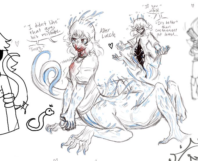 Drawing of the parasitic alien in a weird centaur-ish state, half human disguise and half monster.

“I didn’t like that guy, his mistake. Sorry.”

-After Lunch-

“If you insist. It’s better than containment at least…”