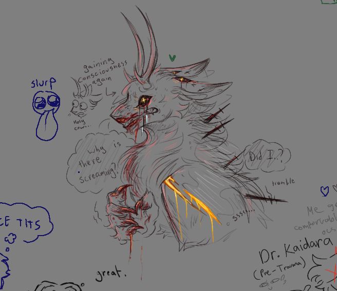 Drawing of the Shepard in beast form starting to come to and regain consciousness. They’re left to face what they’ve unknowingly done, and it seems like it’s no good by that reaction….

“Why is there screaming?”

“Did I..?”