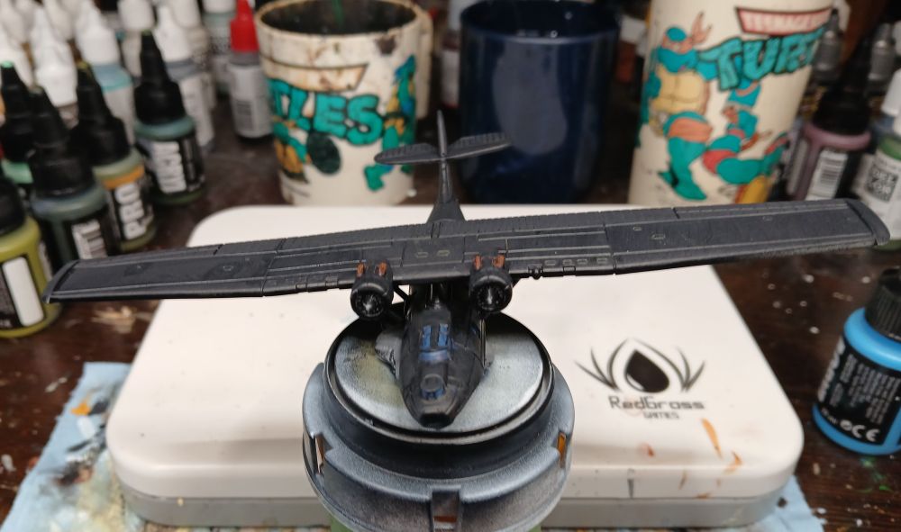 Front view WIP 1/200 PBY for Blood Red Skies in a Black Cat paint scheme.
