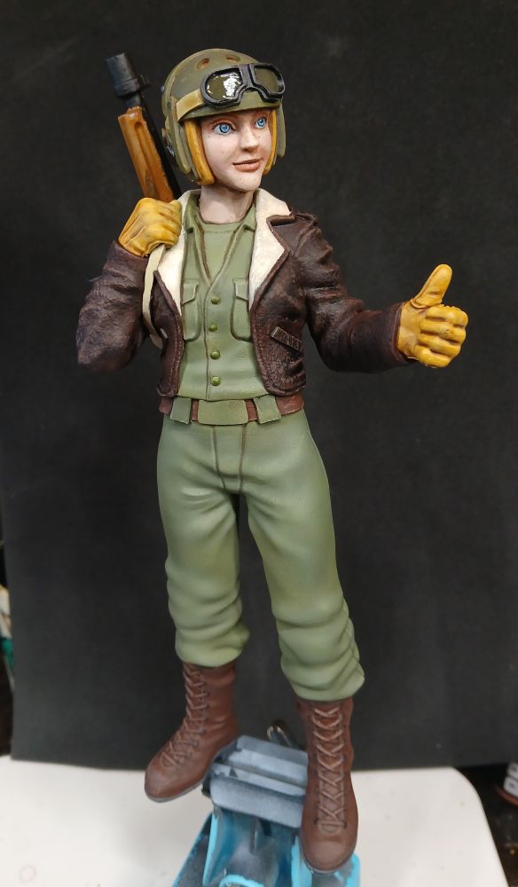 Front view WIP 1/10 scale Mech pilot for Konflict 47, sculpted by Bombshell Miniatures. 