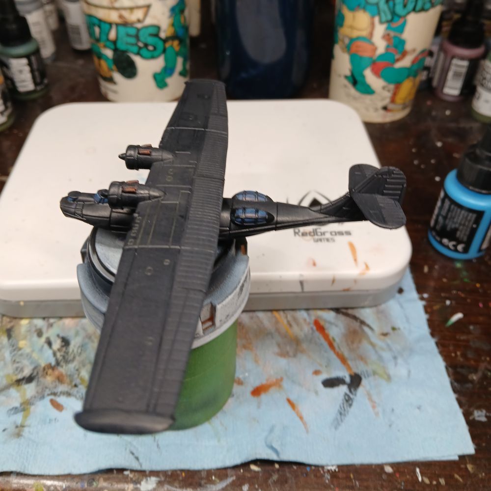 Side view WIP 1/200 PBY for Blood Red Skies in a Black Cat paint scheme.