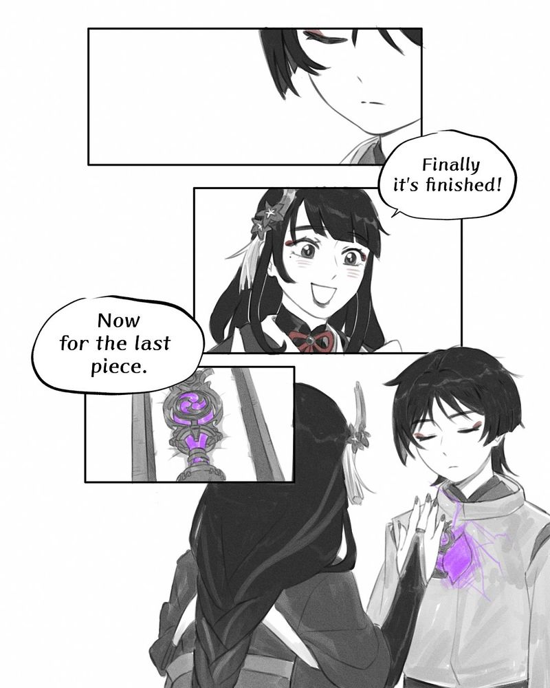 This comic tells the story of how Raiden Ei made the puppet. On this page, the first panel shows the puppet still with his eyes closed. "Finally it's finished!", said Raiden Ei as her creation is finally complete. "Now for the last piece". Raiden Ei inserted the gnosis or for this we call it "the heart" into the puppet's chest.